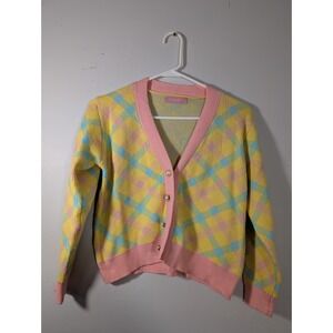 New JJ's Fairyland Blouse Women Large Yellow Plaid V-Neck Long Sleeve Cotton